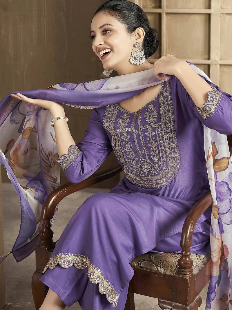 Purple color smart and stylish chanderi fabric elegant kurta set