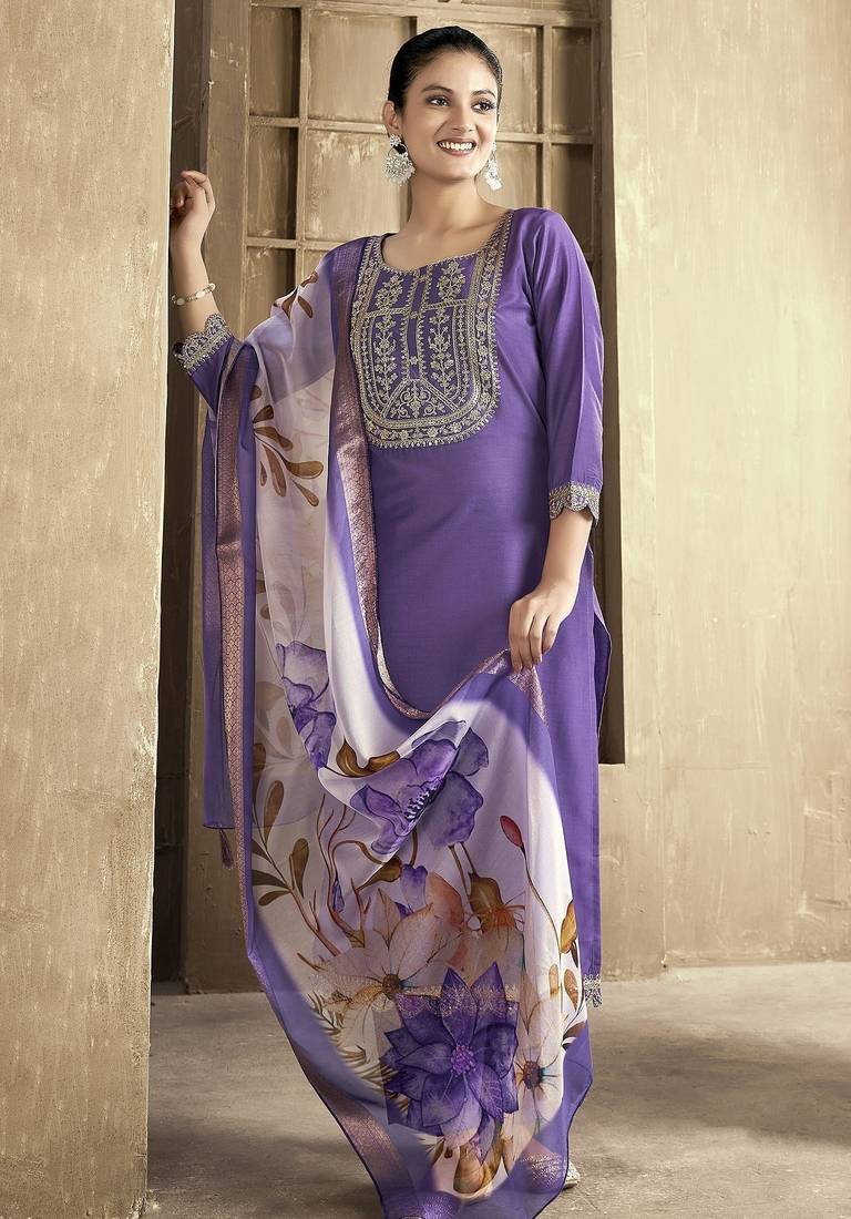 Purple color smart and stylish chanderi fabric elegant kurta set