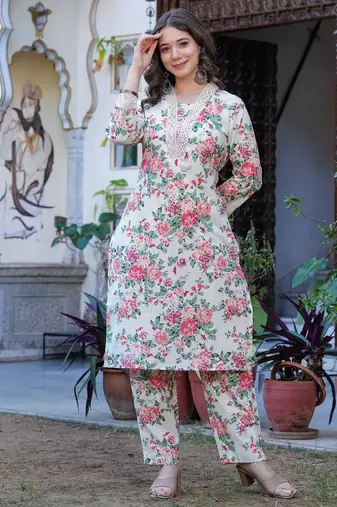 Beige color smart and stylish cotton fabric elegant kurta set