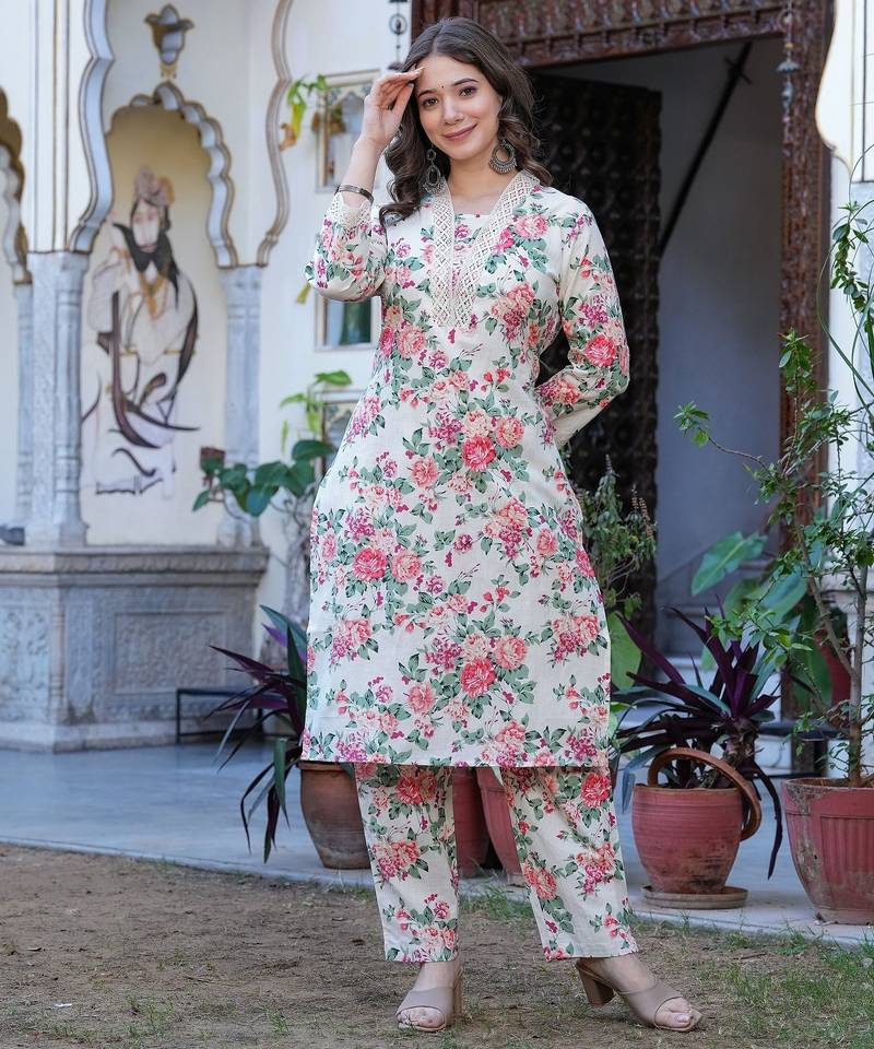 Beige color smart and stylish cotton fabric elegant kurta set