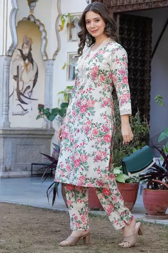 Beige color smart and stylish cotton fabric elegant kurta set