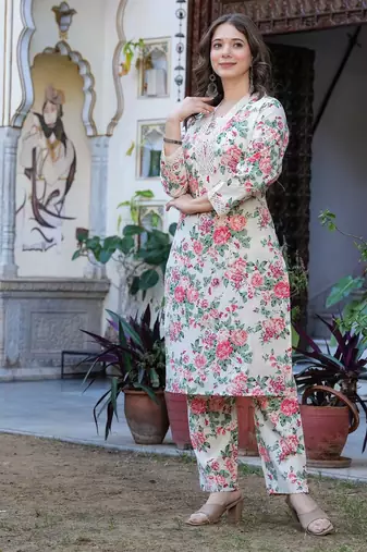Beige color smart and stylish cotton fabric elegant kurta set