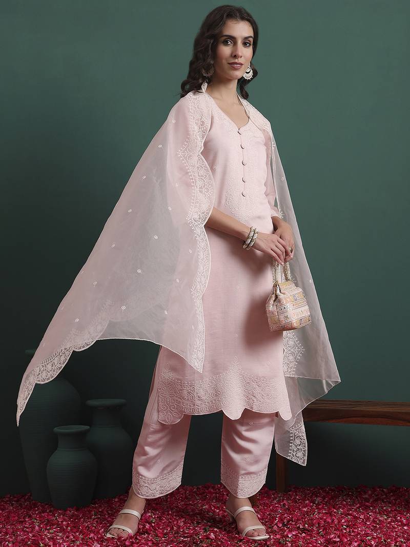 Pink color smart and stylish silk blend fabric elegant kurta set