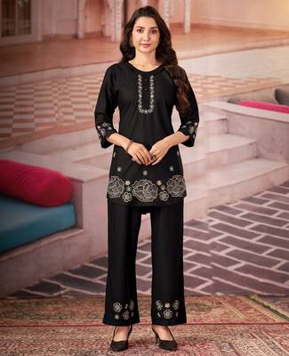 Black color smart thread embroidery rayon fabric co-ord set 1