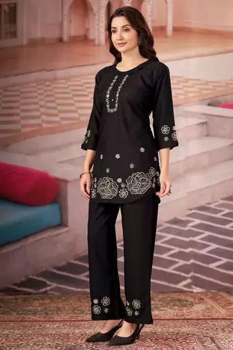 Black color smart thread embroidery rayon fabric co-ord set