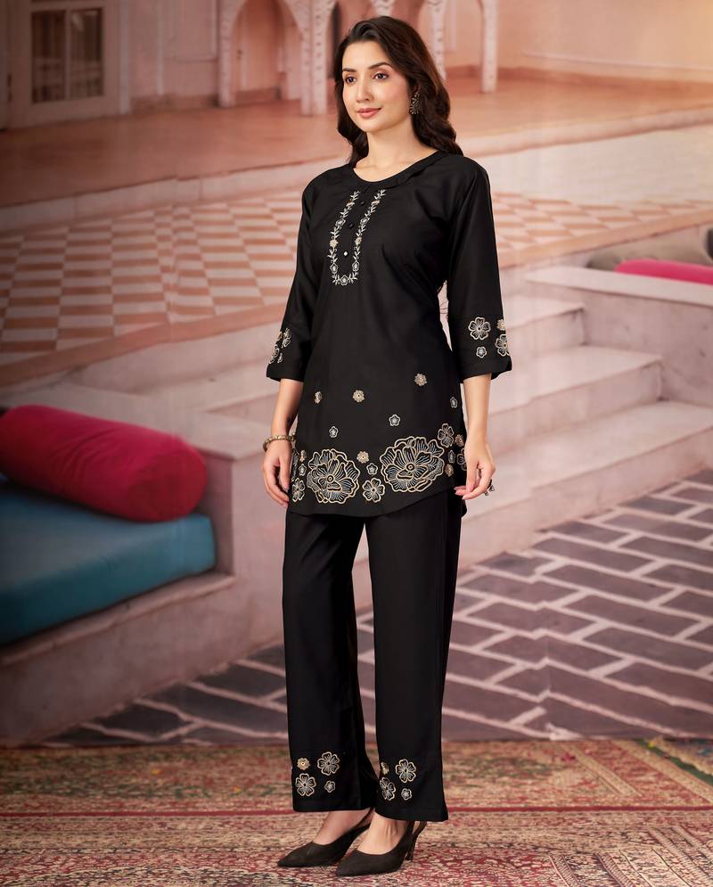 Black color smart thread embroidery rayon fabric co-ord set