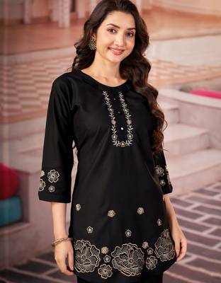 Black color smart thread embroidery rayon fabric co-ord set 3