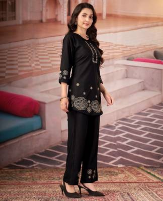 Black color smart thread embroidery rayon fabric co-ord set 4