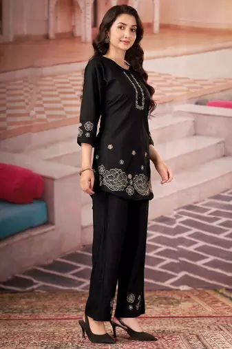 Black color smart thread embroidery rayon fabric co-ord set
