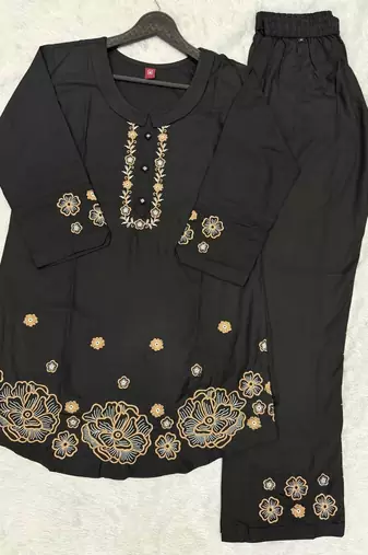 Black color smart thread embroidery rayon fabric co-ord set