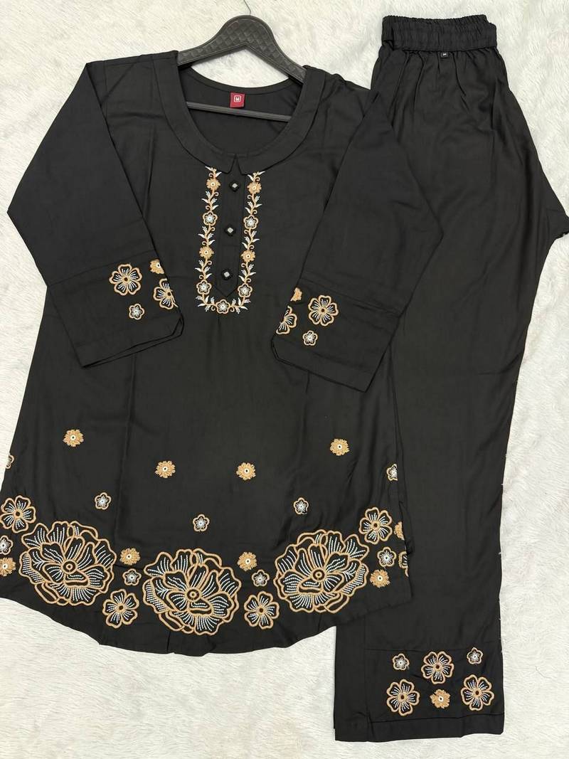 Black color smart thread embroidery rayon fabric co-ord set