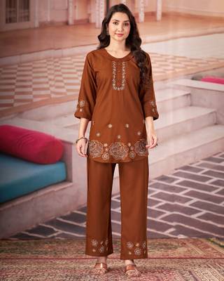 Coffee color smart thread embroidery rayon fabric co-ord set 1