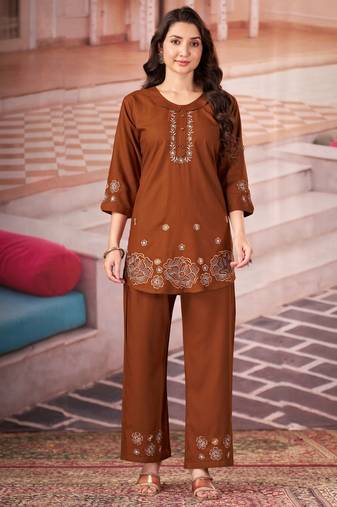 Coffee color smart thread embroidery rayon fabric co-ord set