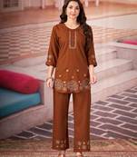 Coffee color smart thread embroidery rayon fabric co-ord set