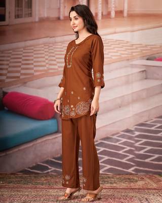 Coffee color smart thread embroidery rayon fabric co-ord set 2