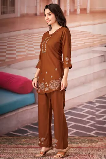 Coffee color smart thread embroidery rayon fabric co-ord set