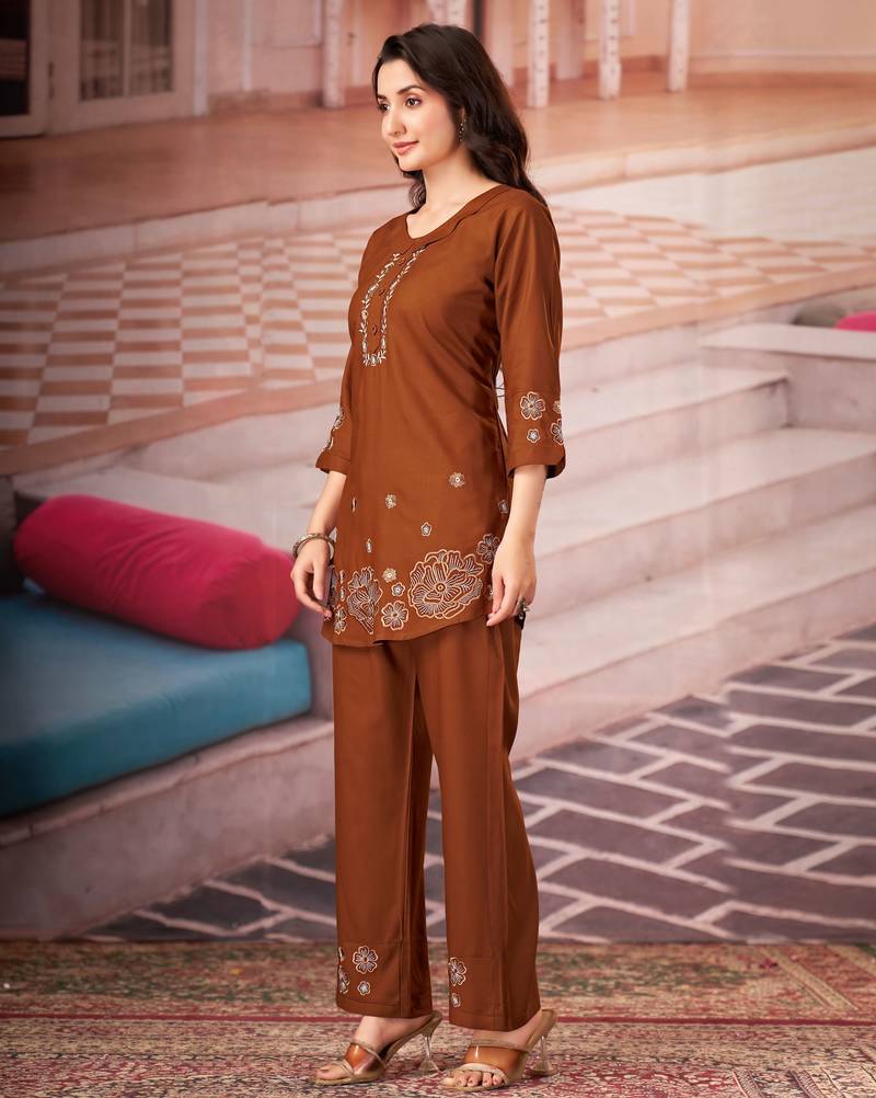 Coffee color smart thread embroidery rayon fabric co-ord set