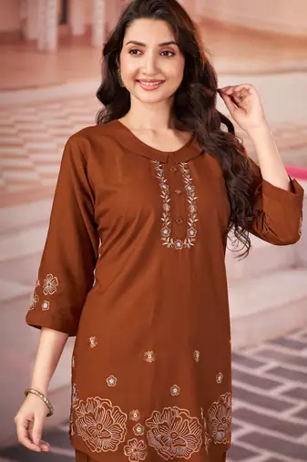 Coffee color smart thread embroidery rayon fabric co-ord set