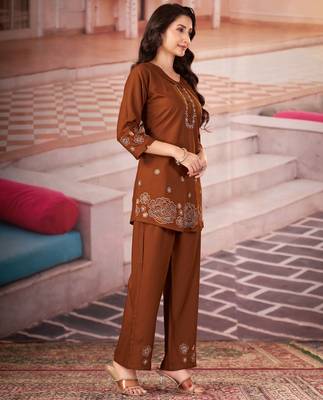 Coffee color smart thread embroidery rayon fabric co-ord set 4