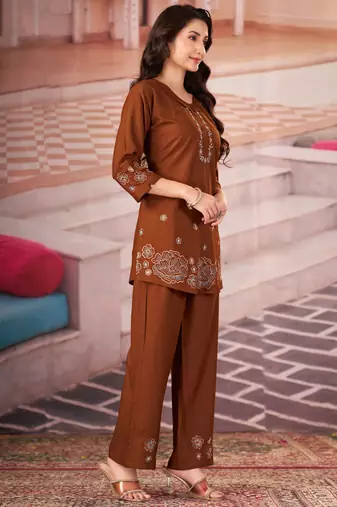 Coffee color smart thread embroidery rayon fabric co-ord set
