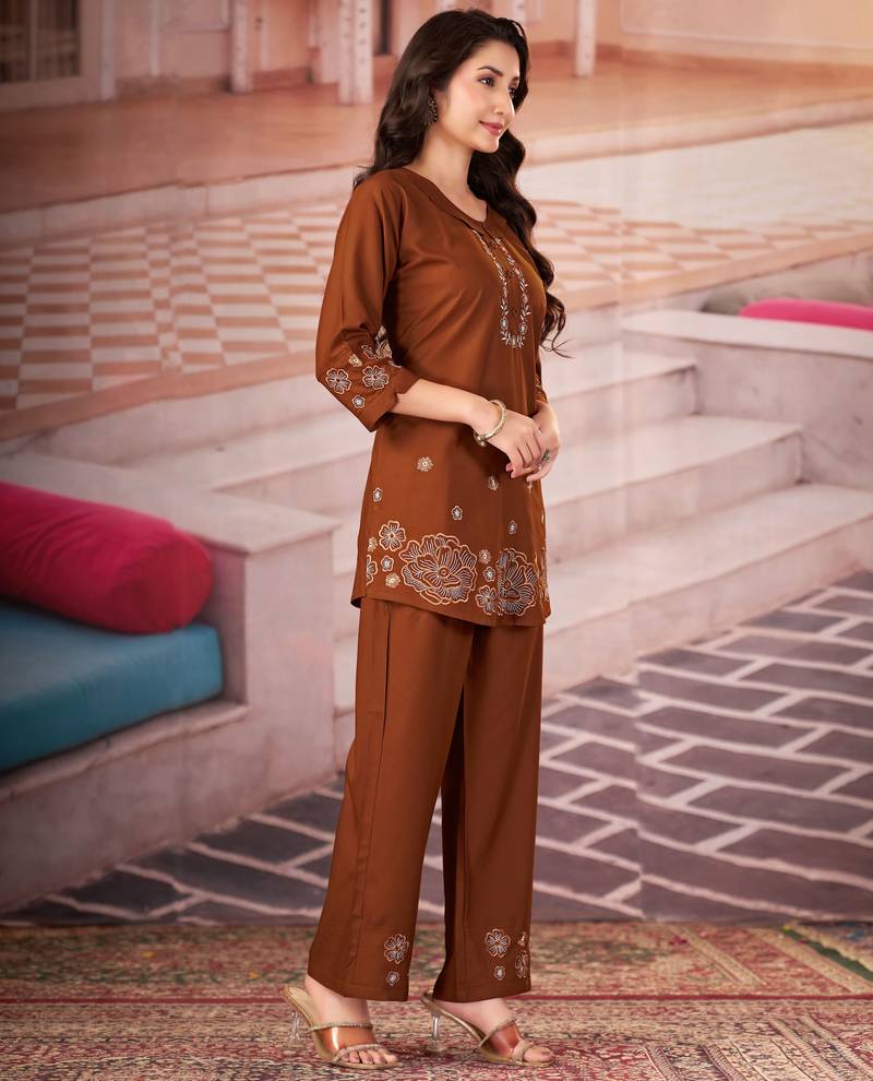Coffee color smart thread embroidery rayon fabric co-ord set