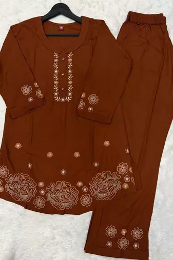 Coffee color smart thread embroidery rayon fabric co-ord set