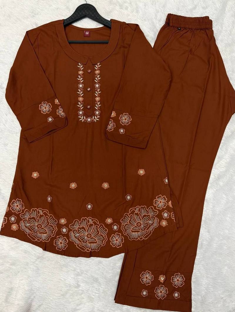 Coffee color smart thread embroidery rayon fabric co-ord set