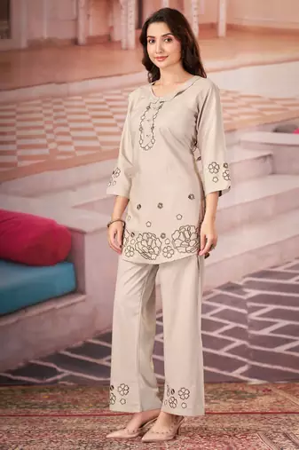 Off white color smart thread embroidery rayon fabric co-ord set