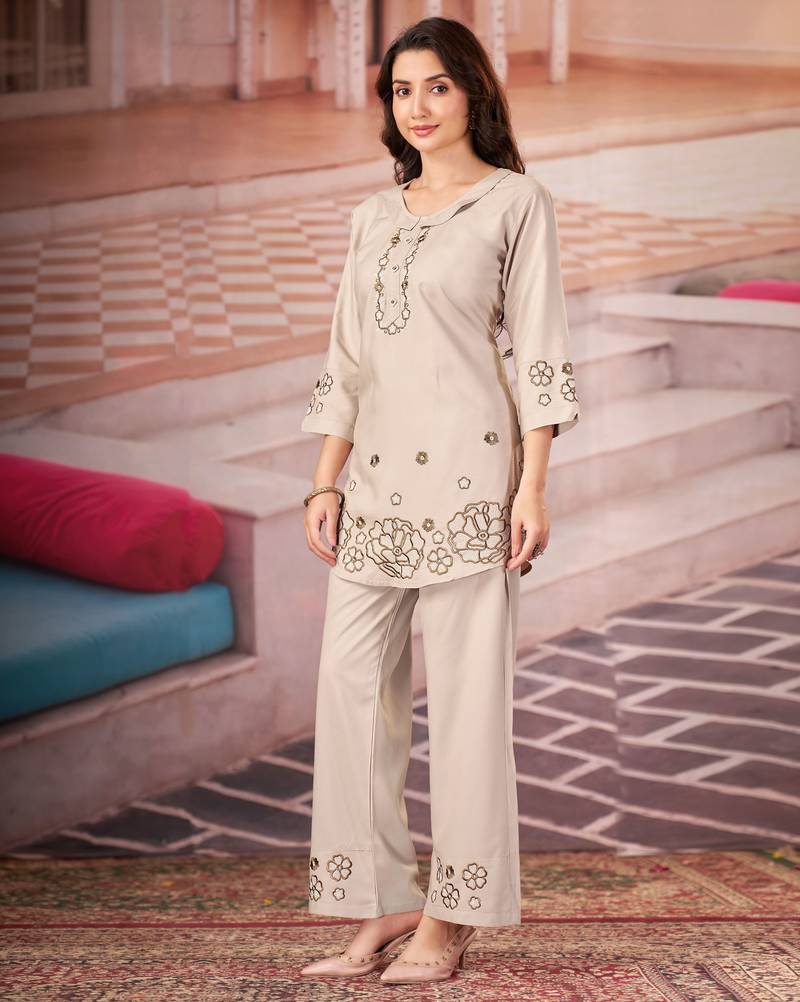 Off white color smart thread embroidery rayon fabric co-ord set