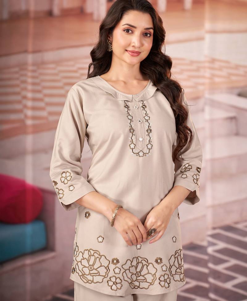 Off white color smart thread embroidery rayon fabric co-ord set