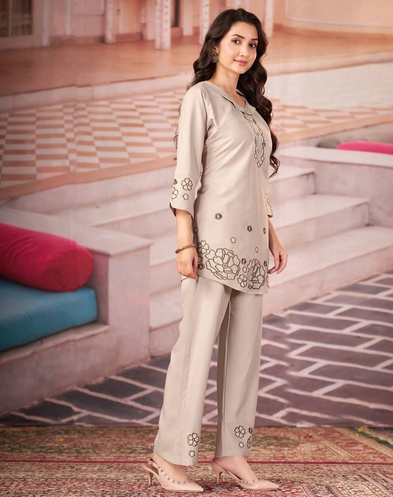 Off white color smart thread embroidery rayon fabric co-ord set