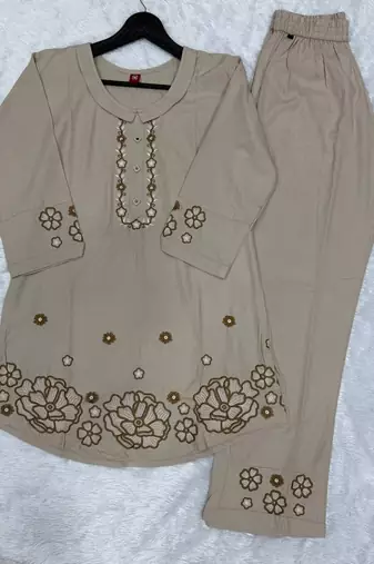 Off white color smart thread embroidery rayon fabric co-ord set