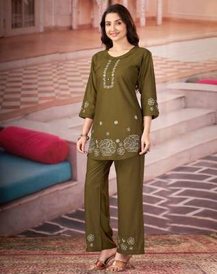 Mehendi color smart thread embroidery rayon fabric co-ord set 2