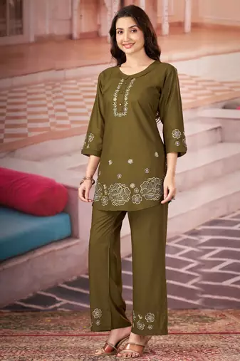 Mehendi color smart thread embroidery rayon fabric co-ord set