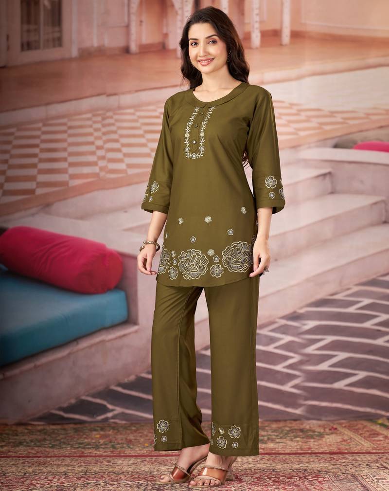 Mehendi color smart thread embroidery rayon fabric co-ord set