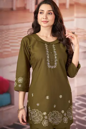 Mehendi color smart thread embroidery rayon fabric co-ord set