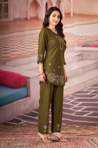 Mehendi color smart thread embroidery rayon fabric co-ord set
