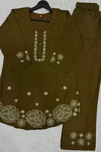 Mehendi color smart thread embroidery rayon fabric co-ord set