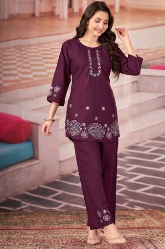 Wine color smart thread embroidery rayon fabric co-ord set