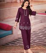 Wine color smart thread embroidery rayon fabric co-ord set