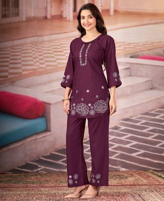 Wine color smart thread embroidery rayon fabric co-ord set 2