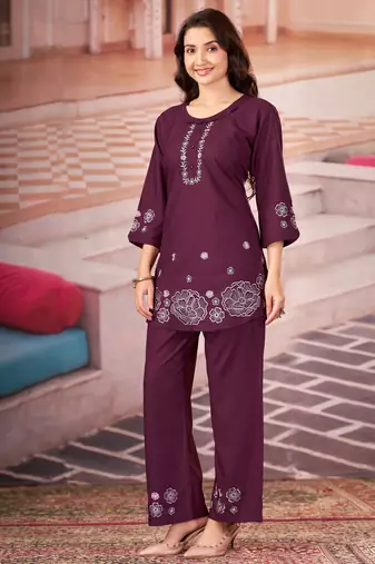 Wine color smart thread embroidery rayon fabric co-ord set
