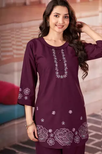 Wine color smart thread embroidery rayon fabric co-ord set