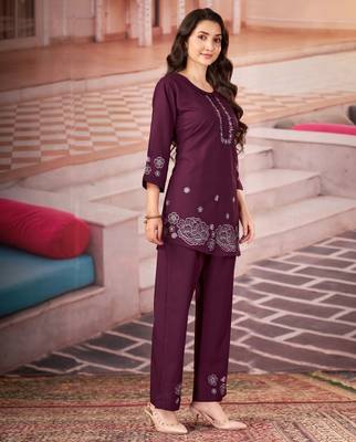 Wine color smart thread embroidery rayon fabric co-ord set 4