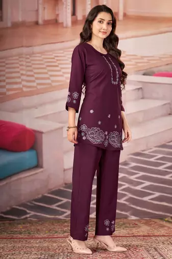 Wine color smart thread embroidery rayon fabric co-ord set