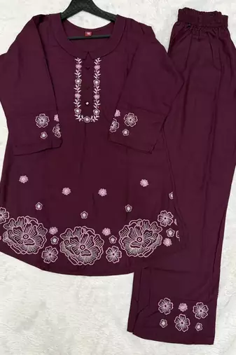 Wine color smart thread embroidery rayon fabric co-ord set