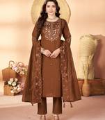 Coffee color marina silk fabric thread embroidered ethnic fancy kurta set