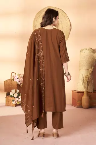 Coffee color marina silk fabric thread embroidered ethnic fancy kurta set