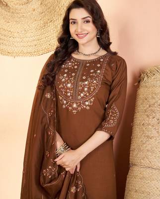 Coffee color marina silk fabric thread embroidered ethnic fancy kurta set 3