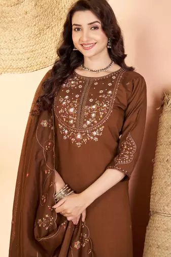 Coffee color marina silk fabric thread embroidered ethnic fancy kurta set